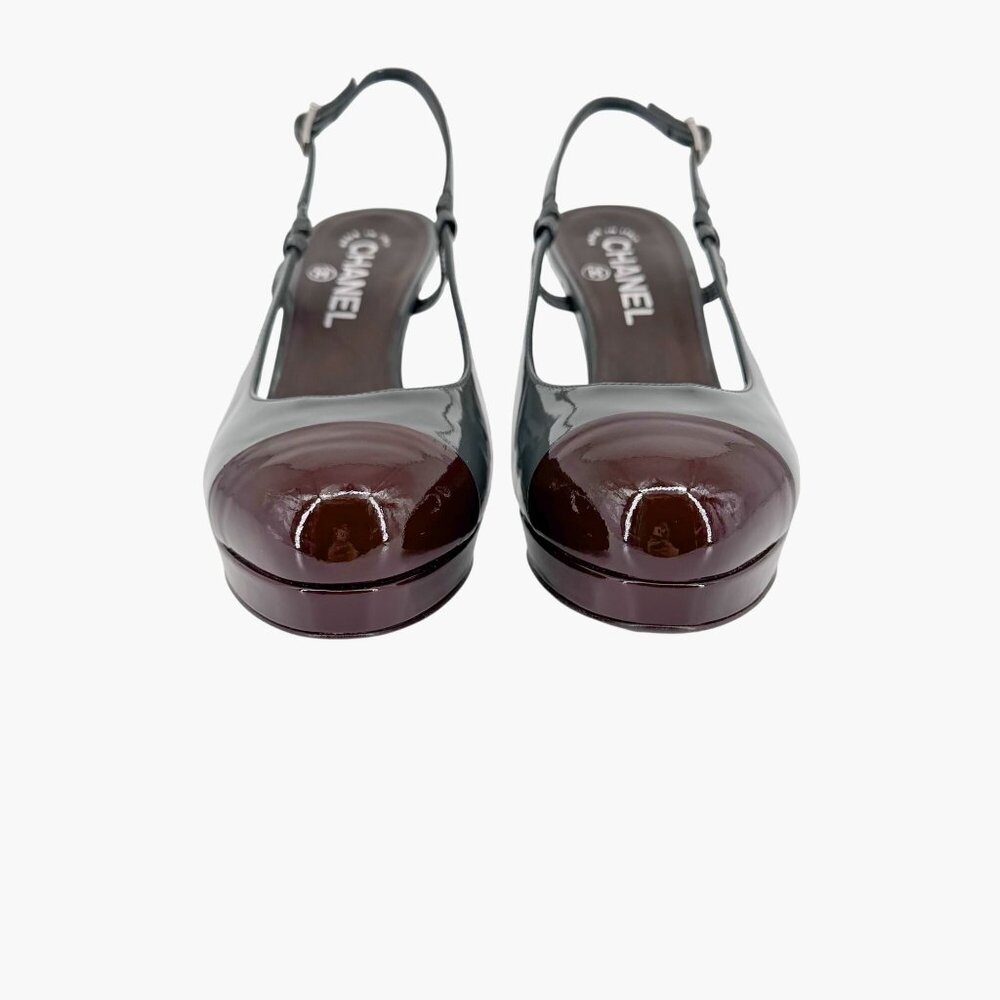 Chanel Gray Burgundy Patent Cap Toe Slingback Platform Pumps Size 37.5 US 6.5–7 - Picture 6 of 15